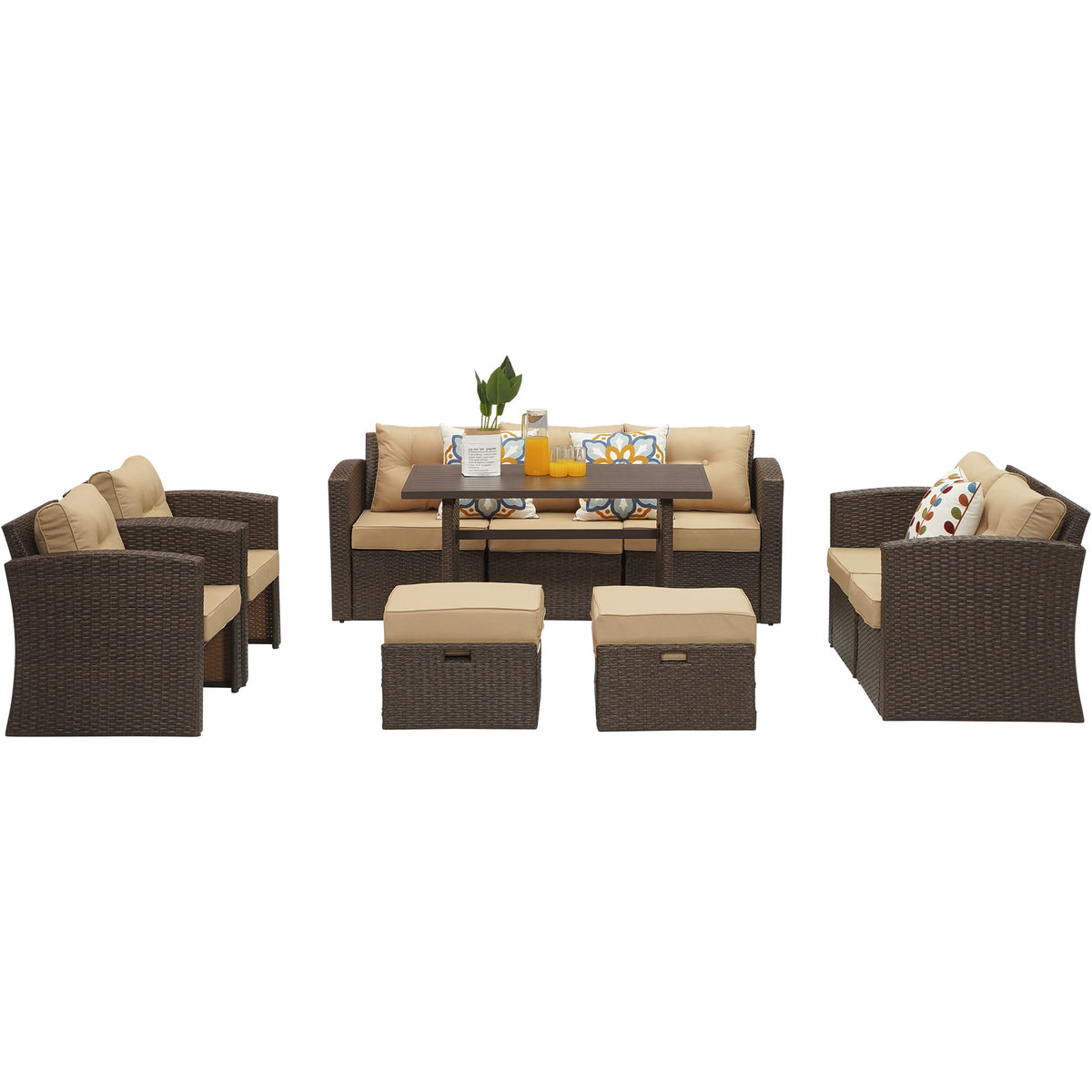 Royalcraft Outdoor Patio Furniture Set,10 Pieces Outdoor Sectional Wicker Sofa PE Rattan Conversation Sets with Dining Table,Aluminum Frame,Brown