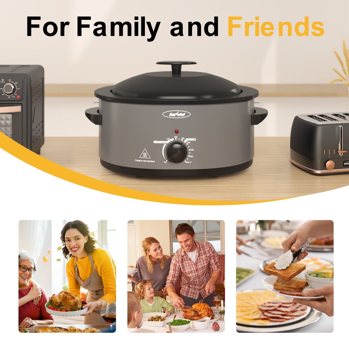 Royalcraft Roaster Oven with Self-Basting Lid, 8qt Electric Roaster with Removable Pan & Rack, Turkey Roaster Oven with Defrost & Warm Function, Stainless Steel, Grey