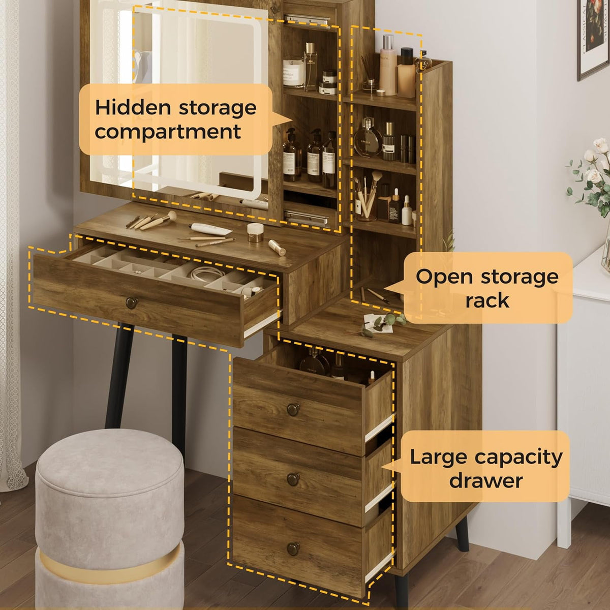Royalcraft Makeup Vanity Table Set with Sliding Lighted Mirror