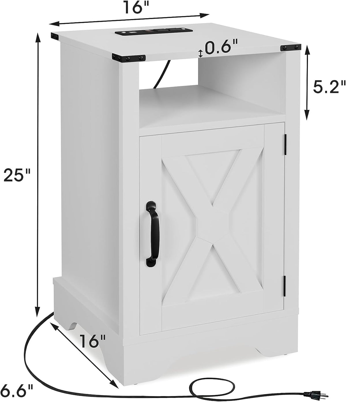 RoyalCraft White Nightstand with Charging Station, Farmhouse Bedside Table with X-Shaped Design,Wooden Rustic End Table with Large Storage Room and Shelf for Bedroom, Living Room, Solid White