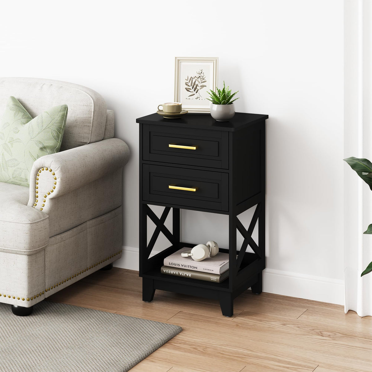 RoyalCraft Tall Nightstand Set of 2, Side Table with 2 Drawers and Open Shelf Below, Bedside Table with Solid Feet, Modern Night Stand End Table for Bedroom, Living Room, Home Office, Black