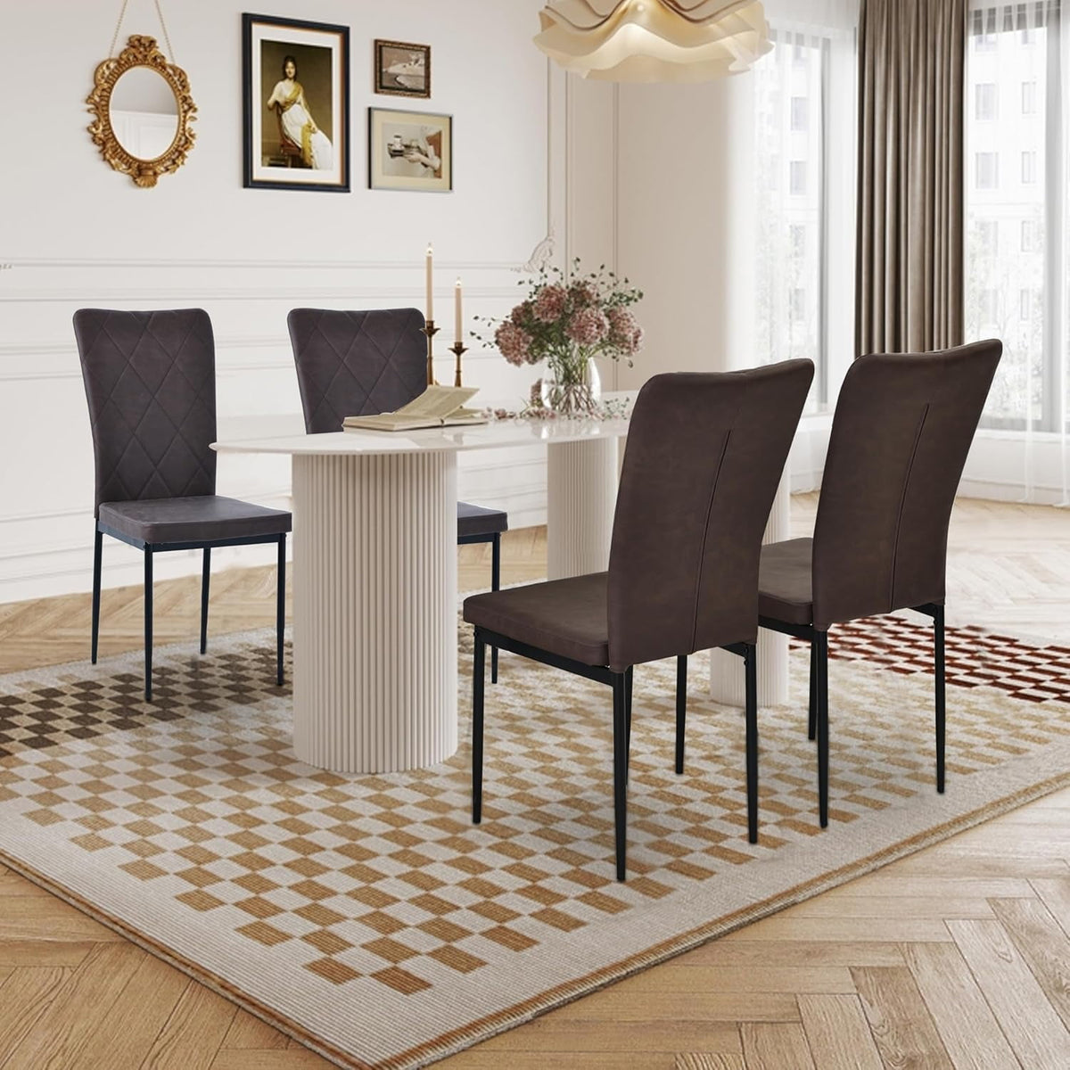 Superjoe Upholstered Dinning Chairs Set of 4, Kitchen Side Chair with Waterproof Surface and Iron Legs for Dining Room, Kitchen，Brown