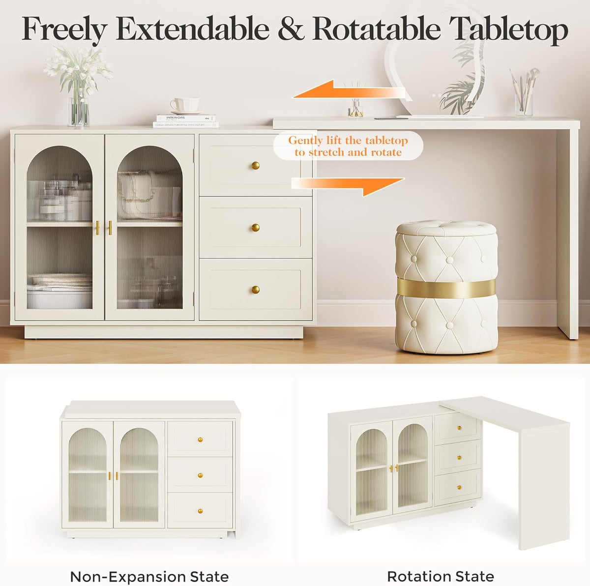 RoyalCraft Makeup Vanity Desk, Extendable Corner Vanity Makeup Table with 3 Drawers & 2 Doors, Modern Dressing Table for Bedroom, White Makeup Vanity Without Mirror
