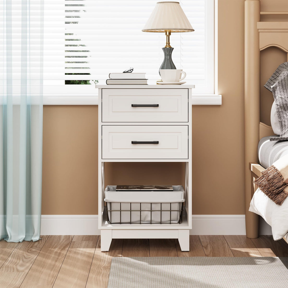 RoyalCraft Tall Nightstand, Side Table with 2 Drawers and Open Shelf Below, Bedside Table with Solid Feet, Modern Night Stand End Table for Bedroom, Living Room, Home Office, White