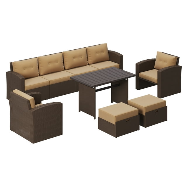 Royalcraft 7-Piece Patio Furniture with Waterproof Outdoor Coffee Table, Lightweight Aluminum Frame, Ergonomic Design, All-Weather Wicker Rattan, Non-Slip Cushions, Brown Wicker and Beige Cushion