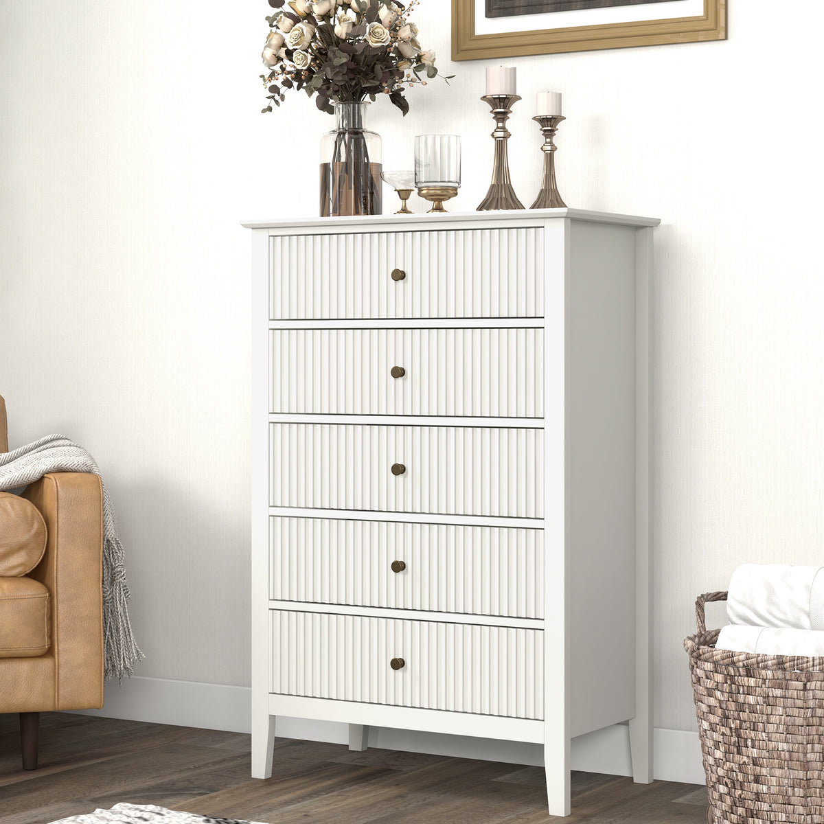Royalcraft Dresser for Bedroom, Modern 5 Drawers Dresser with Silent Slide Drawers, Tall Chest of Drawers, Wood Storage Cabinet Organizer for Living Room, Nursery, Hallway, Entryway
