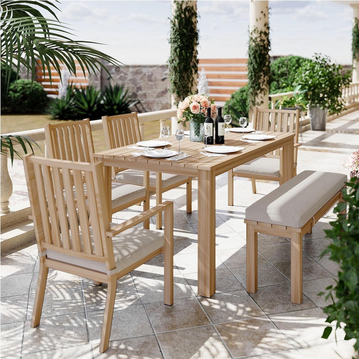 RoyalCraft 6 Pieces Patio Dining Sets, Aluminum Outdoor Dining Table with 4 Chairs and Bench, Outdoor Patio Dining Furniture Set with Removable Cushion for Lawn, Garden, Backyard, Brown