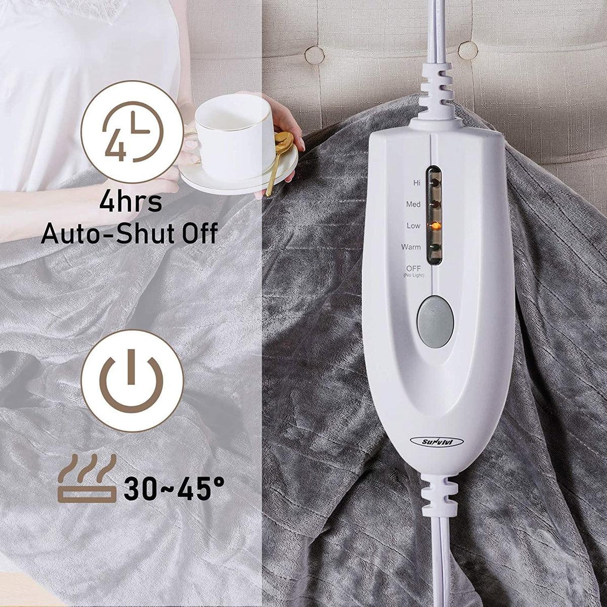 Royalcraft 50" x 60" Electric Blankets Heated Throw Soft Flannel Heating Blanket with 4 Hours Auto Off, 5 Years Warranty, ETL Certified, Machine Washable, Grey