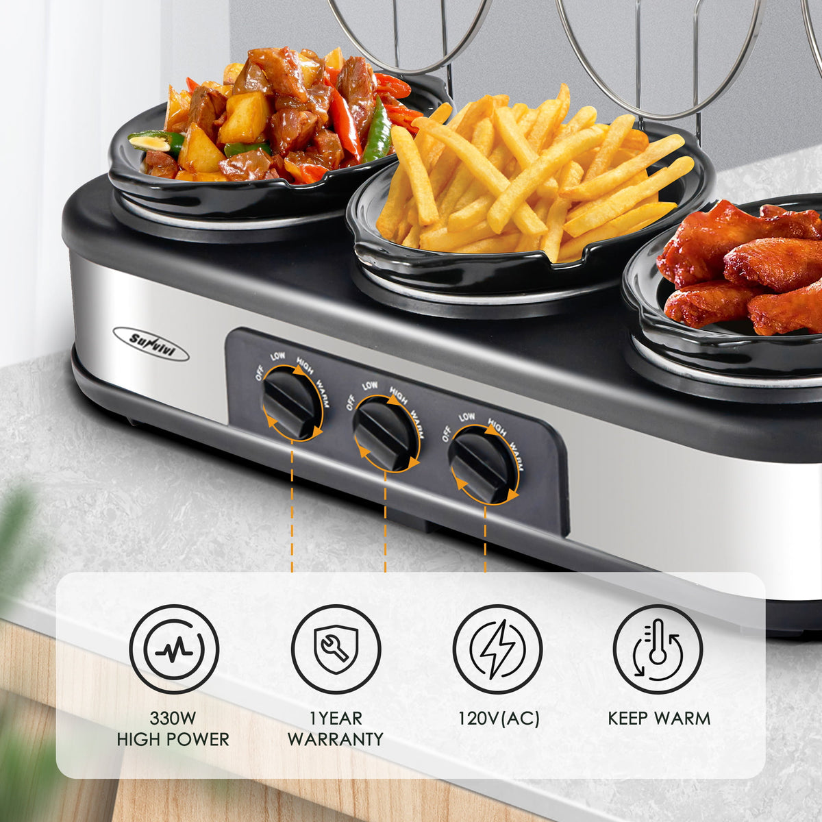 Triple Slow Cooker with 3 Spoons, 3 Pot 1.5 Quart Oval Crock Food Warmer Buffet Server, Stainless Steel