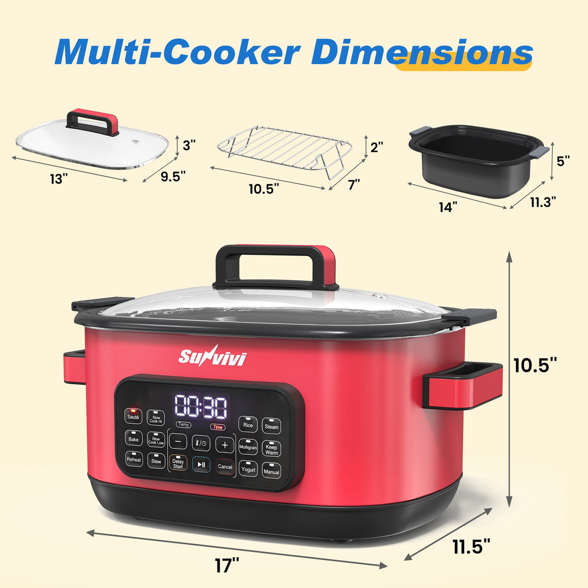 Royalcraft 12-in-1 Digital Programmable Slow Cooker, 6.5 QT Large Multicooker, Multi-Cooker with Timer, Temp Control, Red