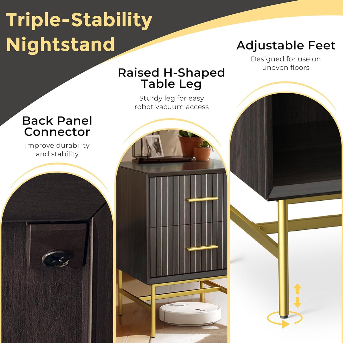 RoyalCraft Nightstand with Drawer, 2-Tier Side Table, Wood End Table with Adjustable Feet and Stable Metal Leg, Modern Night Stand Cabinet for Bedroom, Living Room, Home Office, Charcoal Walnut