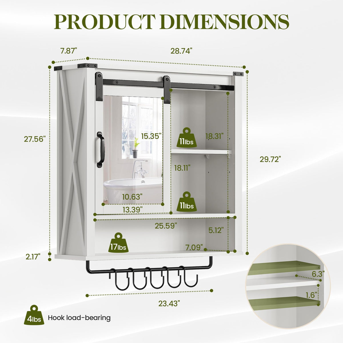 RoyalCraft 28in Bathroom Cabinet Wall Mount with Sliding Mirror Door, Over The Toilet Storage Cabinet, Farmhouse Medicine Cabinet with Shelves and Towel Bar for Living Room, 28" W x 29" H, White