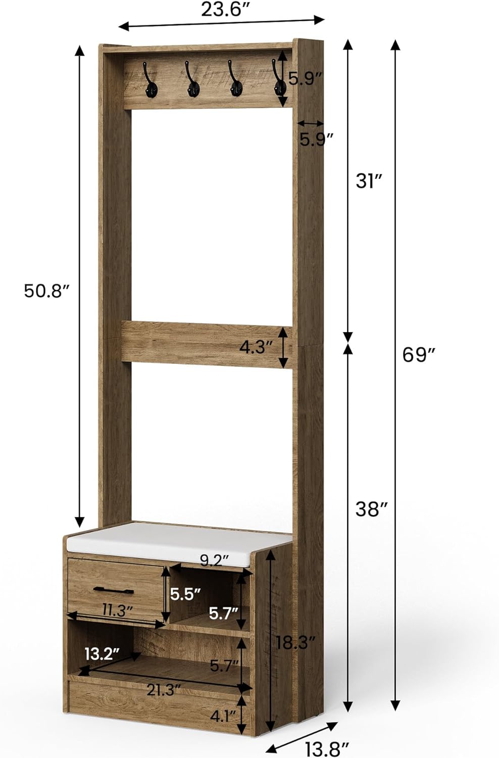 Royalcraft Hall Tree with Bench, Entryway Bench with Coat Rack, Shoe Storage, Soft Cushion, Wood Entryway Furniture
