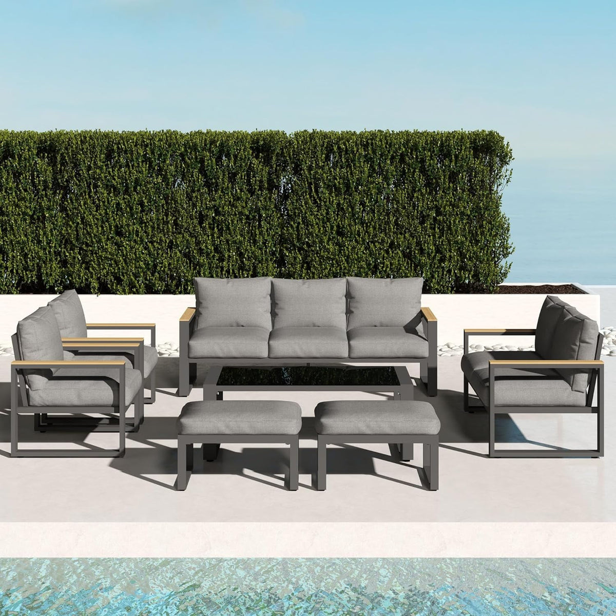 RoyalCraft Aluminum Patio Furniture Set, 7 Piece Outdoor Conversation Set with Coffee Table, Metal Outdoor Patio Furniture Set for Porch Backyard Garden, Grey