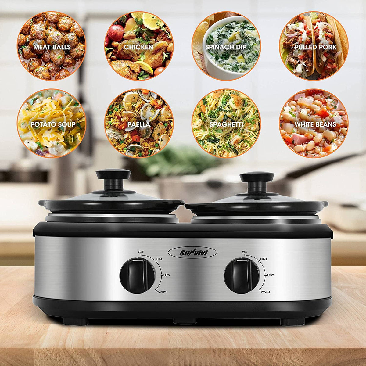 Royalcraft Double Slow Cooker,2 Pot Small Mini Crock Buffet Servers and Warmer,Dual Pot Oval Manual Slow Cooker with Adjustable Temp Removable Ceramic Pot,Stainless Steel, Total 2.5 Quarts Black