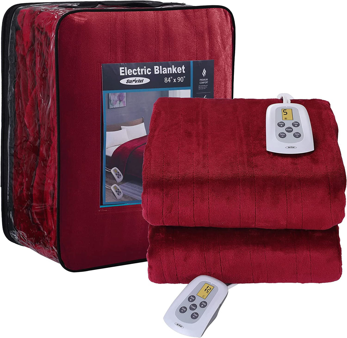 Royalcraft Heated Blanket Queen Size, Heating Electric Throw Blanket Dual Control, Soft Velvet, 10 Heat Settings, 12 Hours Auto Off, Red