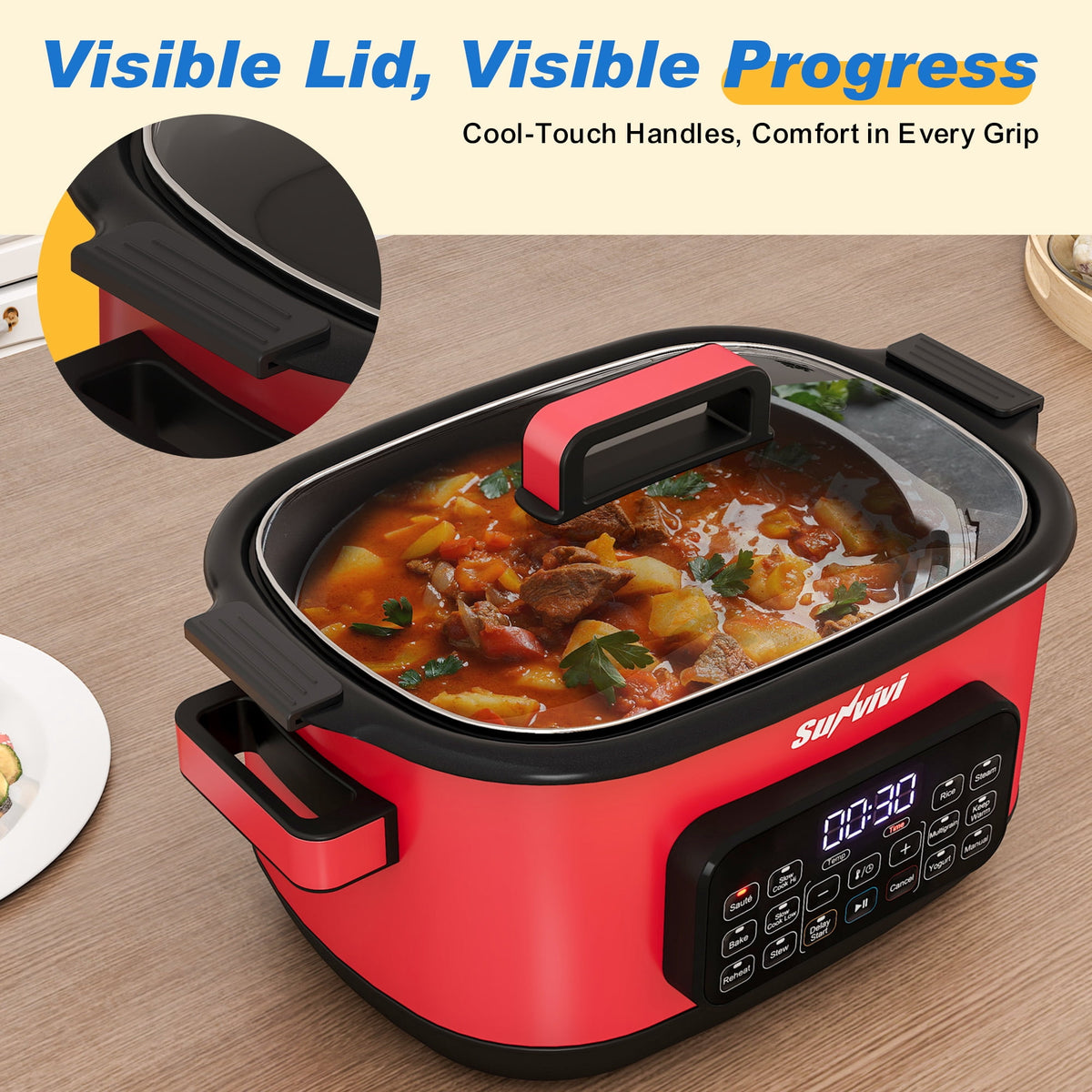 Royalcraft 12-in-1 Digital Programmable Slow Cooker, 6.5 QT Large Multicooker, Multi-Cooker with Timer, Temp Control, Red