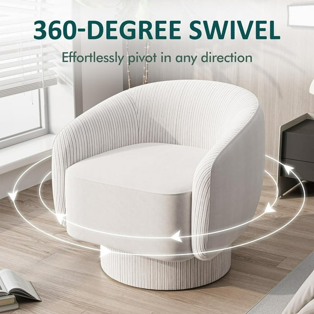 Royalcraft Swivel Accent Chair with Storage Ottoman, 360 Degree Swivel Barrel Chair with Footrest, Beige Velvet Upholstered Chair, Modern Swivel Round Chair for Living Room, Bedroom, Office