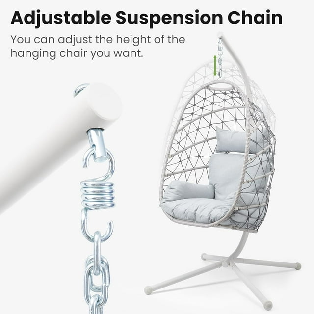 RoyalCraft Hanging Egg Chair Outdoor Swing Chair, Hammock Chair With Stand Indoor, Patio Boho Wicker Hanging Chair with Stand 350lbs Capacity for Garden, Balcony, Bedroom, Beige & Gray