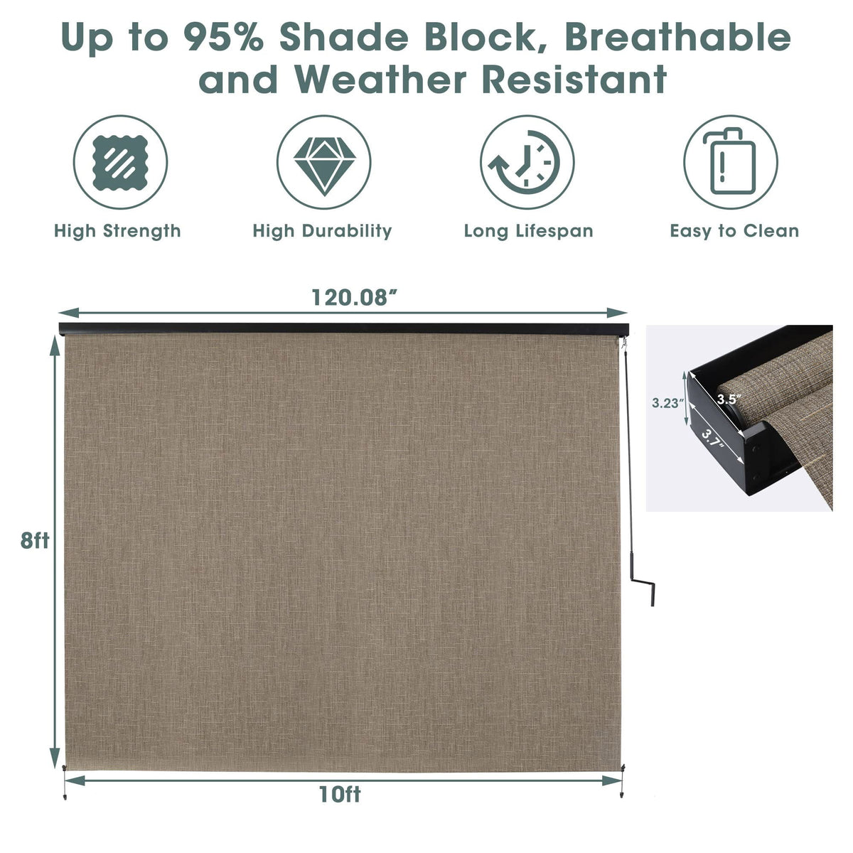 Royalcraft Cordless Outdoor Roller Sun Shade with Pole，6'Wx6'H 420GSM 95% Blockout Waterproof Outdoor Blinds Roll Up for Gazebo Porch, Deck, Pergola,Grey