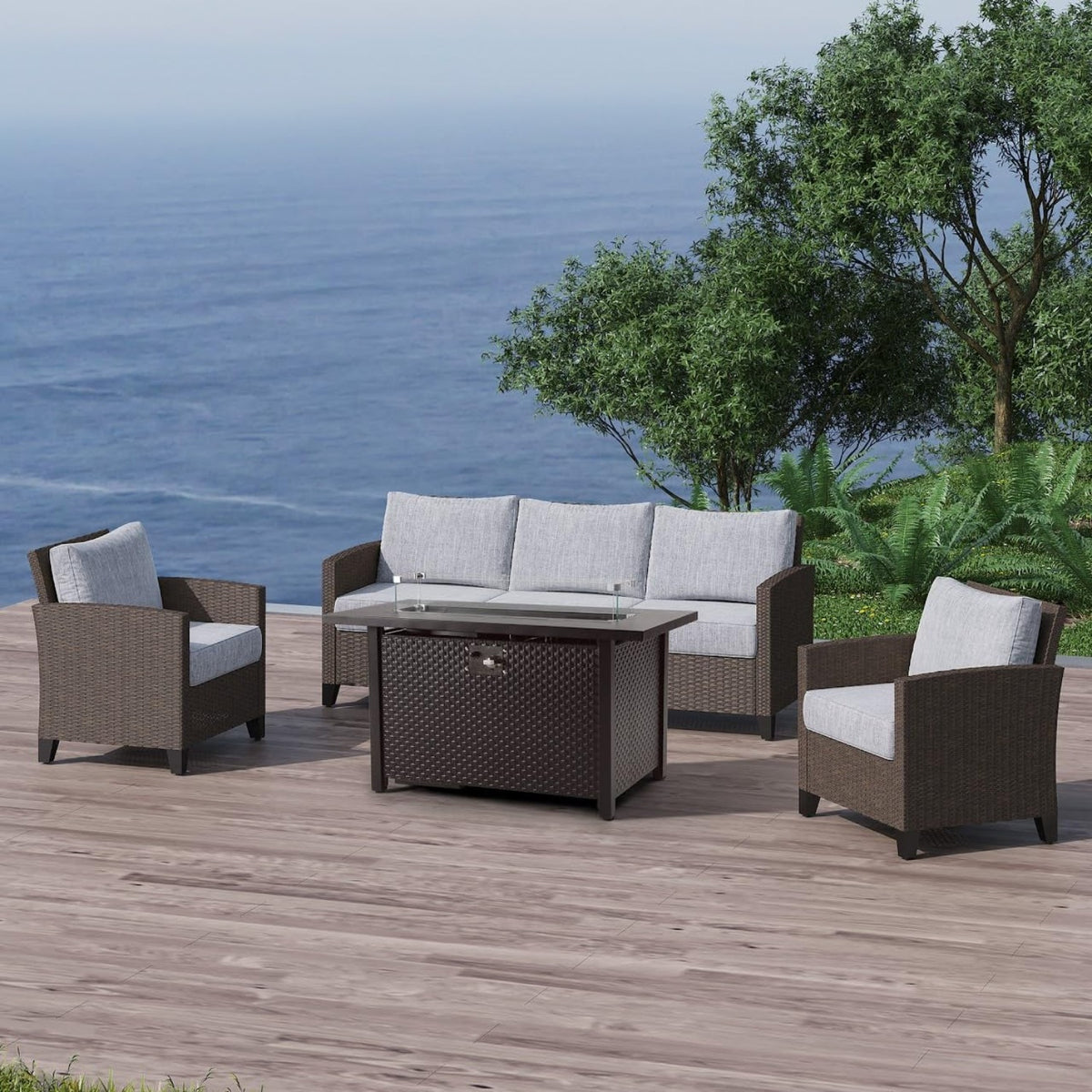 RoyalCraft Outdoor Patio Furniture Set, 4 Piece Outdoor Rattan Sofa Set, All Weather Wicker Conversation Set with Fire Pit Table for Porch Backyard Garden