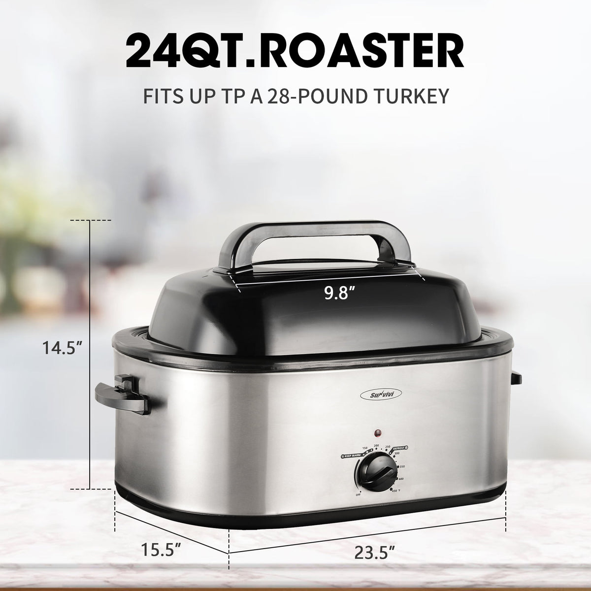 RoyalCraft 24 Quart Electric Roaster Oven with Visible & Self-Basting Lid, Stainless Steel, Silver