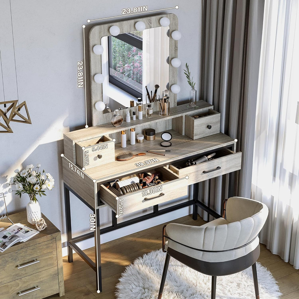 RoyalCraf Vanity Desk with Big Mirror and 3 Color Lights for Makeup, Grey Vanity Table with Hollywood Mirror, 9 LED Lights ＆ 4 Drawers, P2 Certified Wood ＆ Upgrade Thicker Base Plate, 40''W
