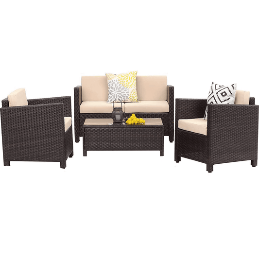 Royalcraft 4 Piece Outdoor Conversation Sets, Wicker Sofa Set with Cushions, Brown