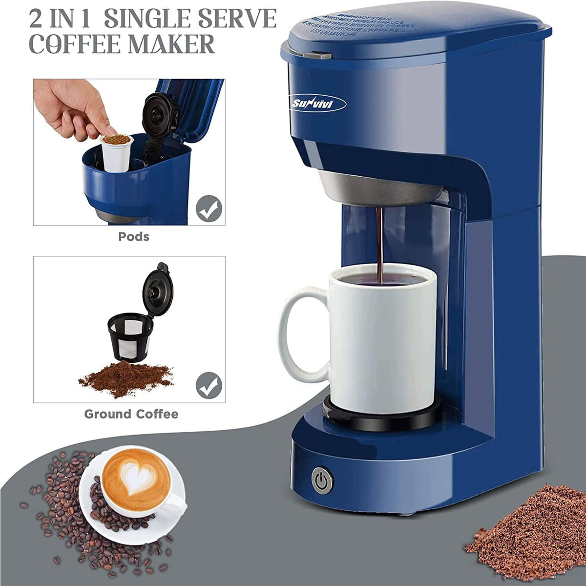 Single Serve Coffee Maker Coffee Brewer 6 to 14 oz With Permanent Filter, Compatible with Single Cup Pod & Ground Coffee, Red