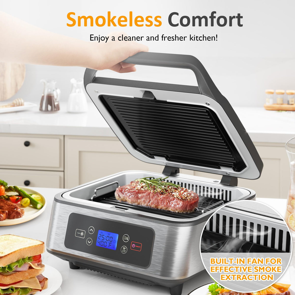 Royalcraft 1300W Smokeless Indoor Grill, Electric Panini Press Sandwich Maker with Auto-Lift, Fan, Independent Upper Heating, Smart Time & Temperature Control, Removable Non-Stick Plates