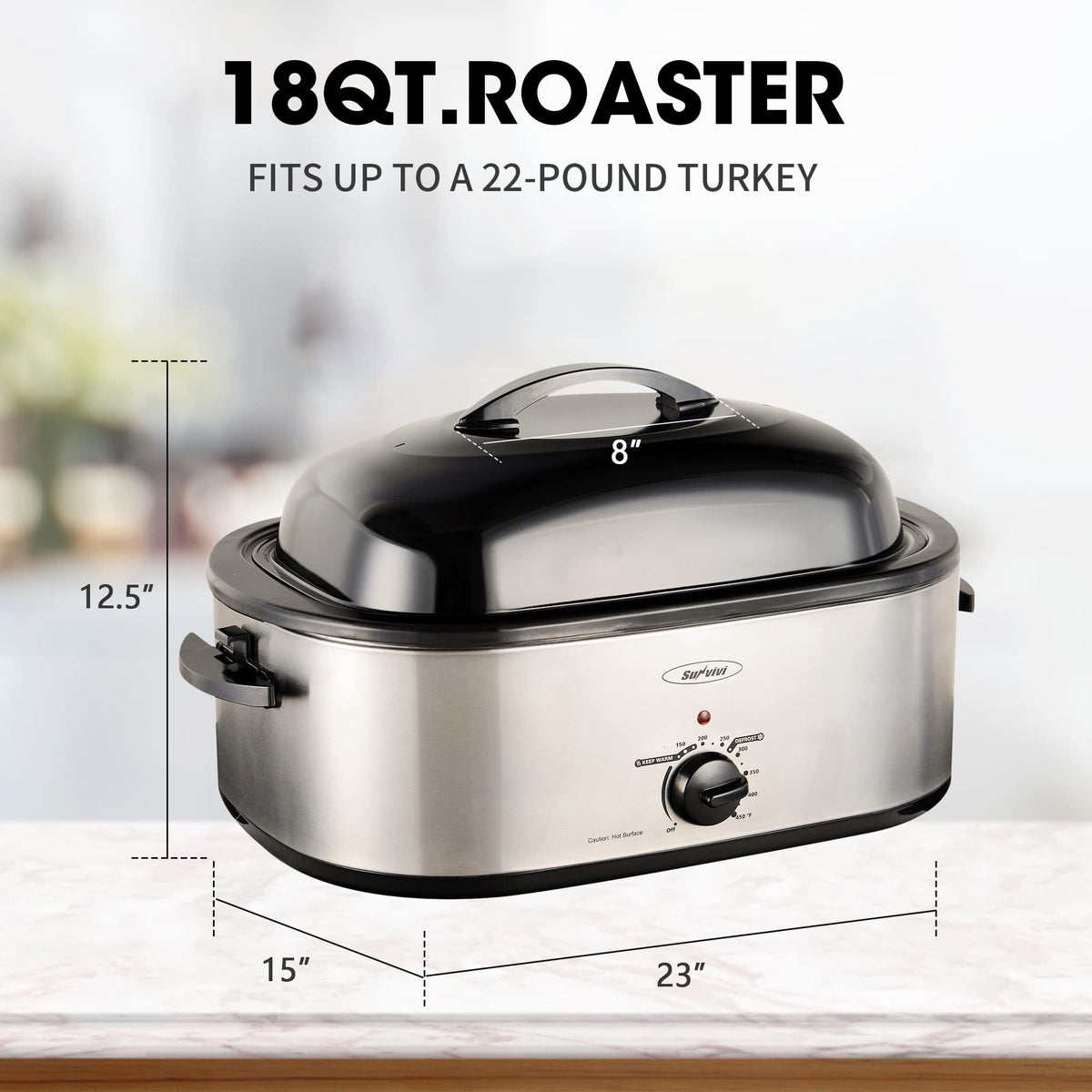 Royalcraft 20 Quart Electric Roaster with Removable Pan, Electric Turkey Roaster Oven with Self-Basting Lid, Roasting Oven with Cool-Touch Handles, Silver