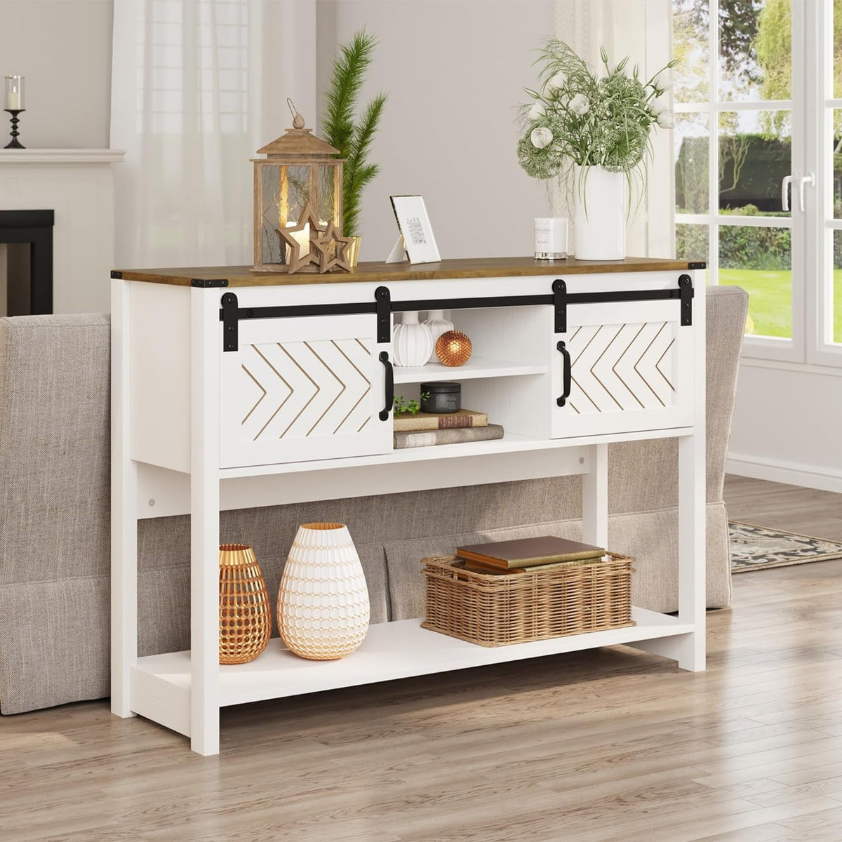 Royalcraft Entryway Table with Storage, 46" Modern Farmhouse Console Table with Sliding Barn Door, Wood Rustic Sofa Table with Adjustable Shelf for Hallway, Living Room, Foyer, White and Rustic Oak
