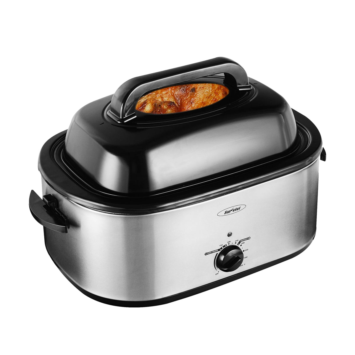 RoyalCraft 24 Quart Electric Roaster Oven with Visible & Self-Basting Lid, Stainless Steel, Silver