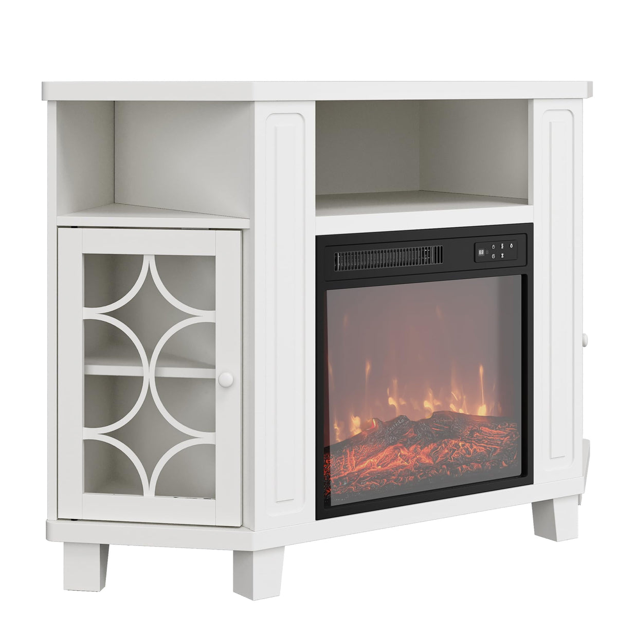 CozyHome Corner TV Stands with 18'' Fireplace, Media Console Table with Adjustable Shelves & Acrylic Doors, Entertainment Center for TVs up to 55'', Corner Cabinet for Living Room, Bedroom, White