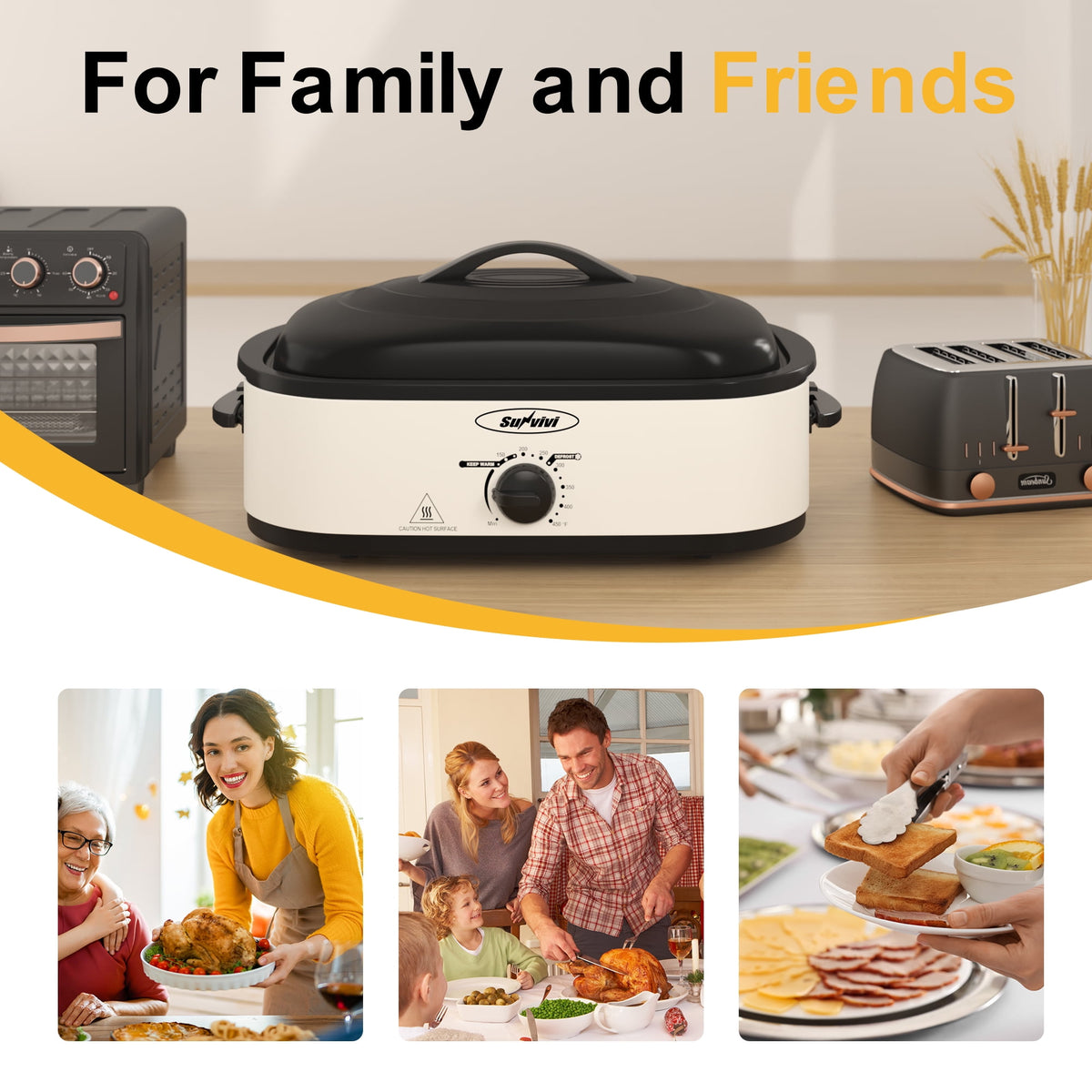 Royalcraft 14 Quart Electric Roaster with Self-Basting Lid, Turkey Roaster Oven with Removable Pan and Rack, Stainless Steel, White
