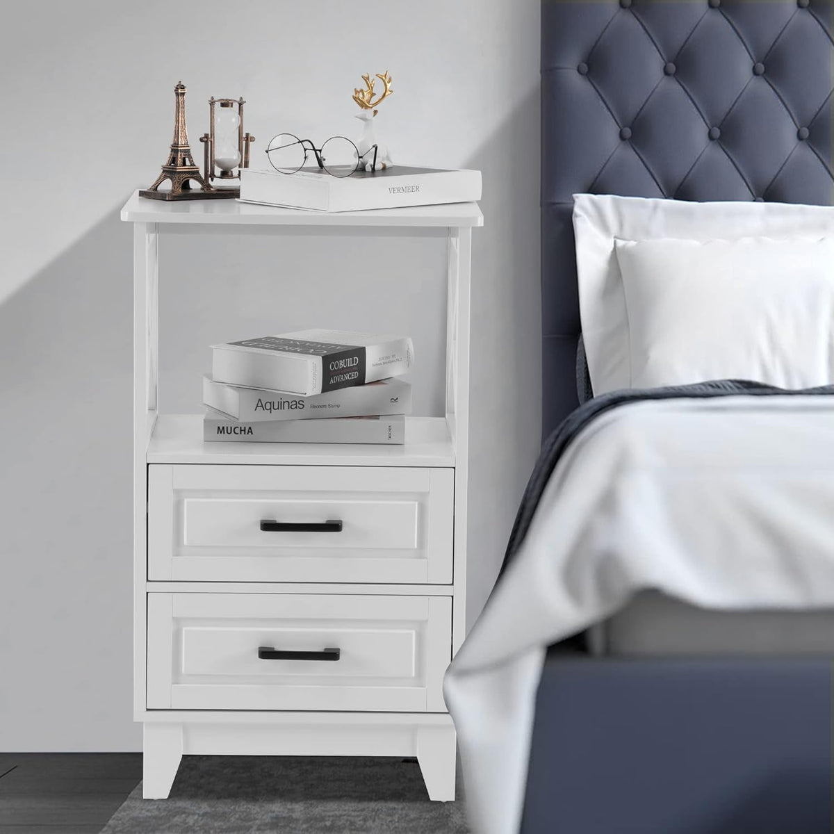 RoyalCraft Nightstand with 2 Storage Drawers, Tall End Table with Wooden x-Design for Bedroom ,  White