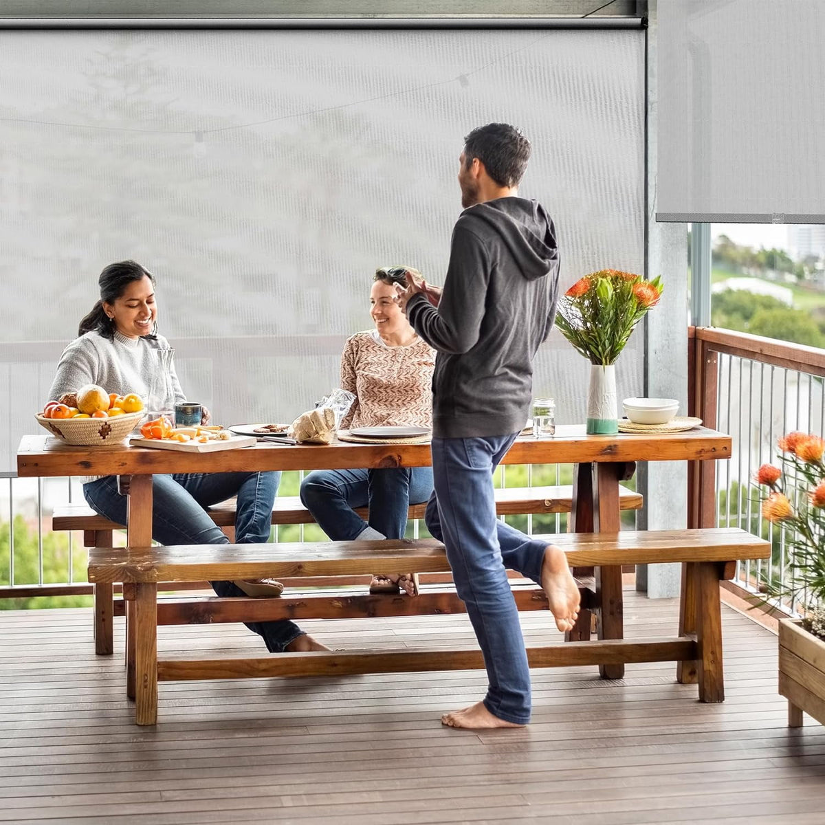Royalcraft Cordless Outdoor Roller Sun Shade with Pole，6'Wx8'H 420GSM 95% Blockout Waterproof Outdoor Blinds Roll Up for Gazebo Porch, Deck, Pergola,Grey