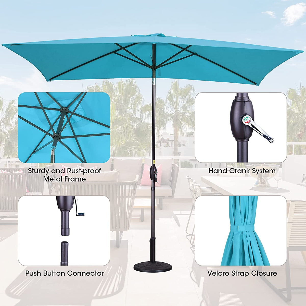 RoyalCraft 6.5 x 10 Ft Rectangular Patio Umbrella Aluminum Pole, Outdoor Table Market Umbrella with Crank, 6 Steel Ribs, Polyester Canopy, Light Blue
