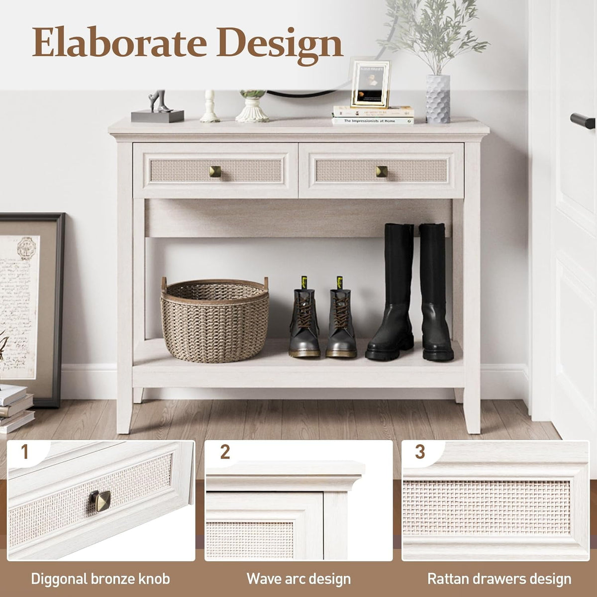 Superjoe Rattan Entryway Table, Boho Console Table w/Widened Tabletop, Farmhouse Sofa Table w/Storage Shelf, Grayish White Foyer Table