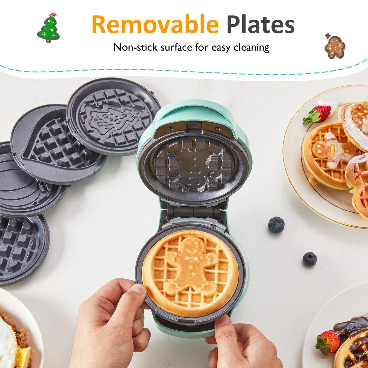 Royalcraft 6 in 1 Mini Waffle Maker, 4¡± Waffle Iron with Removable Non-stick Plates, Perfect Mini Waffle Maker for Kids and Families, Light Blue