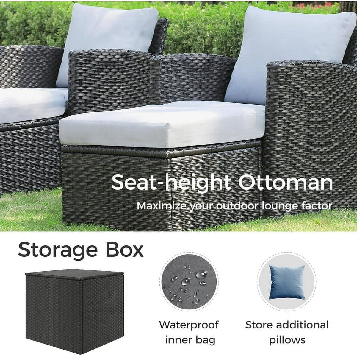 Royalcraft 9 Pieces Patio Furniture Sets, All-Weather Outdoor Sectional Sofa Wicker Rattan Couch Modern Conversation Set with Storage Box, Coffee Table and Grey Cushion