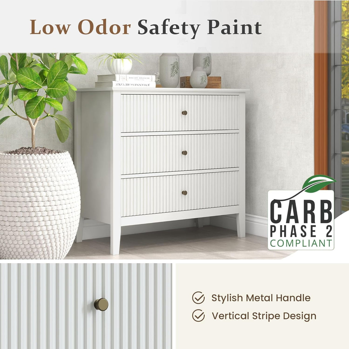 Superjoe White 3 Drawer Dresser with Fluted Panel, Modern Chest of Drawers with Silent Slide Drawers for Bedroom Living Room, Nursery, Hallway