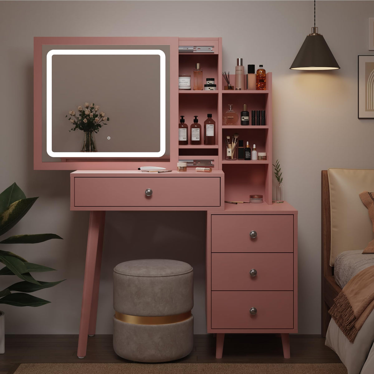 RoyalCraft Vanity Desk with Sliding Mirror and LED Lights, 2 in 1 Wooden Makeup Vanity Desk for Nightstand and Dressing Table, Compact Medium Makeup Table with Sliding Mirror for More Storage Space