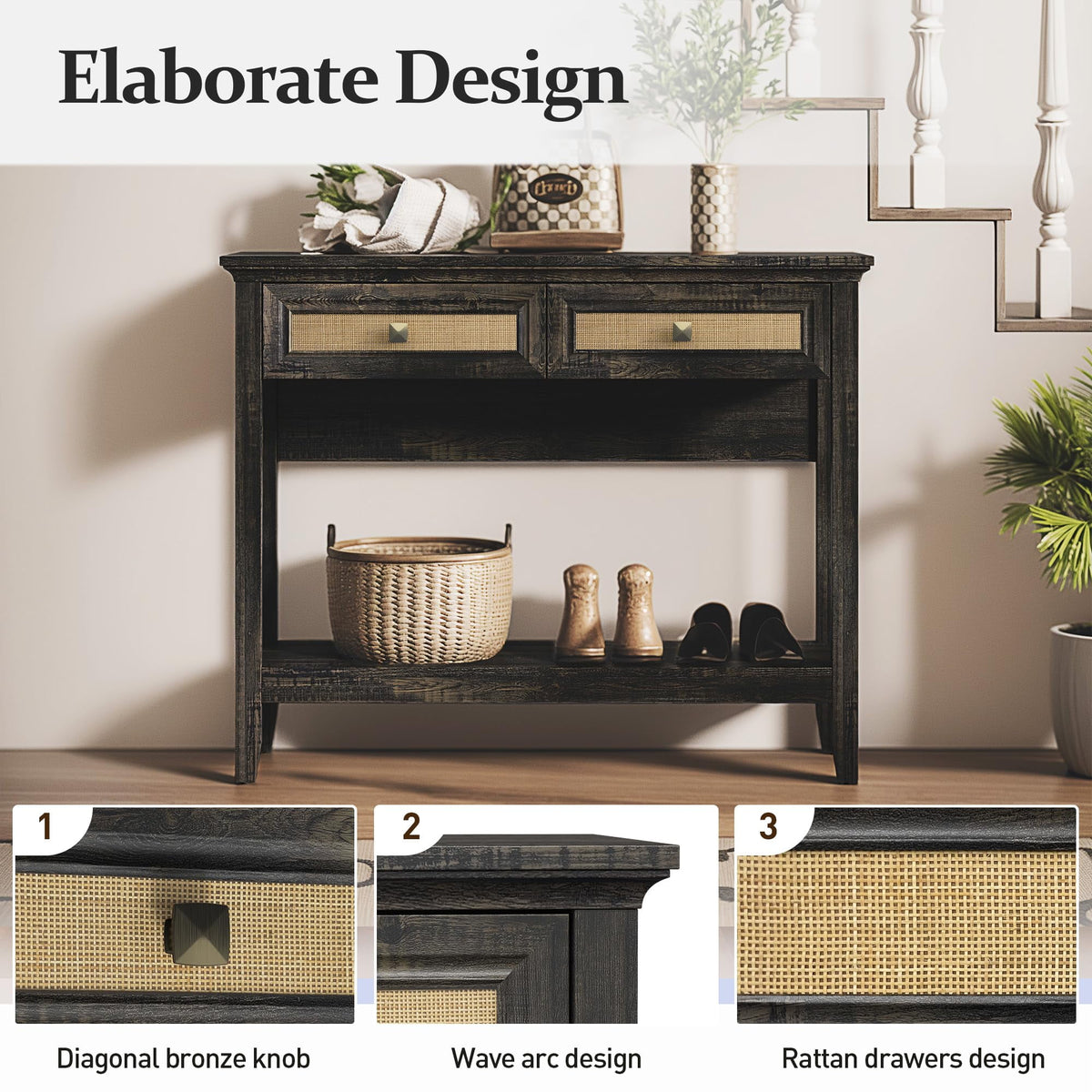 RoyalCraft Rattan Console Table, Boho Entryway Table with 2 Drawers and Storage Shelf, Long Wood Sofa Table for Living Room, Entryway, Front Hall, Hallway, Coffee