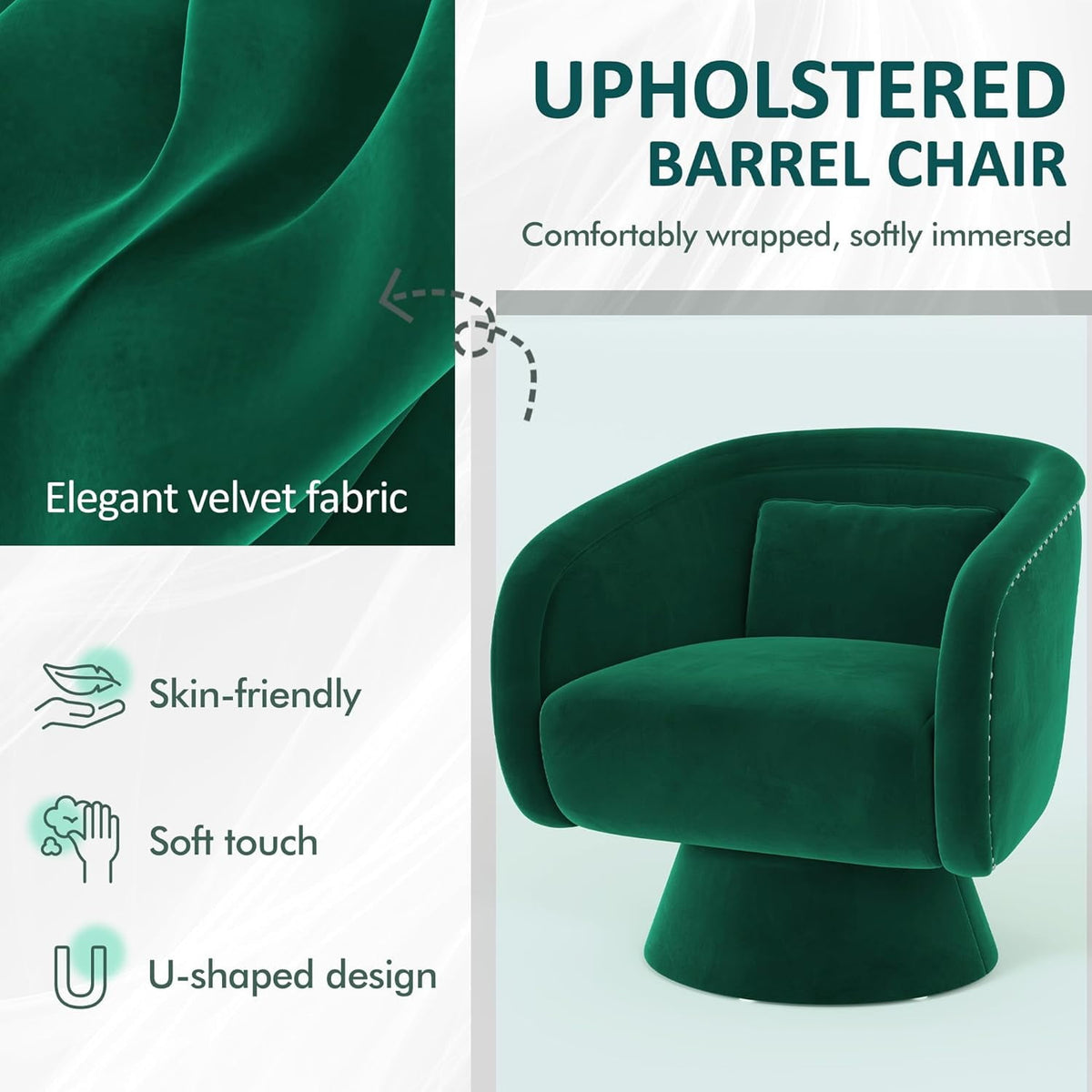 Superjoe Swivel Barrel Chair,360 Degree Swivel Accent Chair, Modern Round Chair with Pillow, Comfy Fabric Living Room Chairs for Bedroom, Office, Green