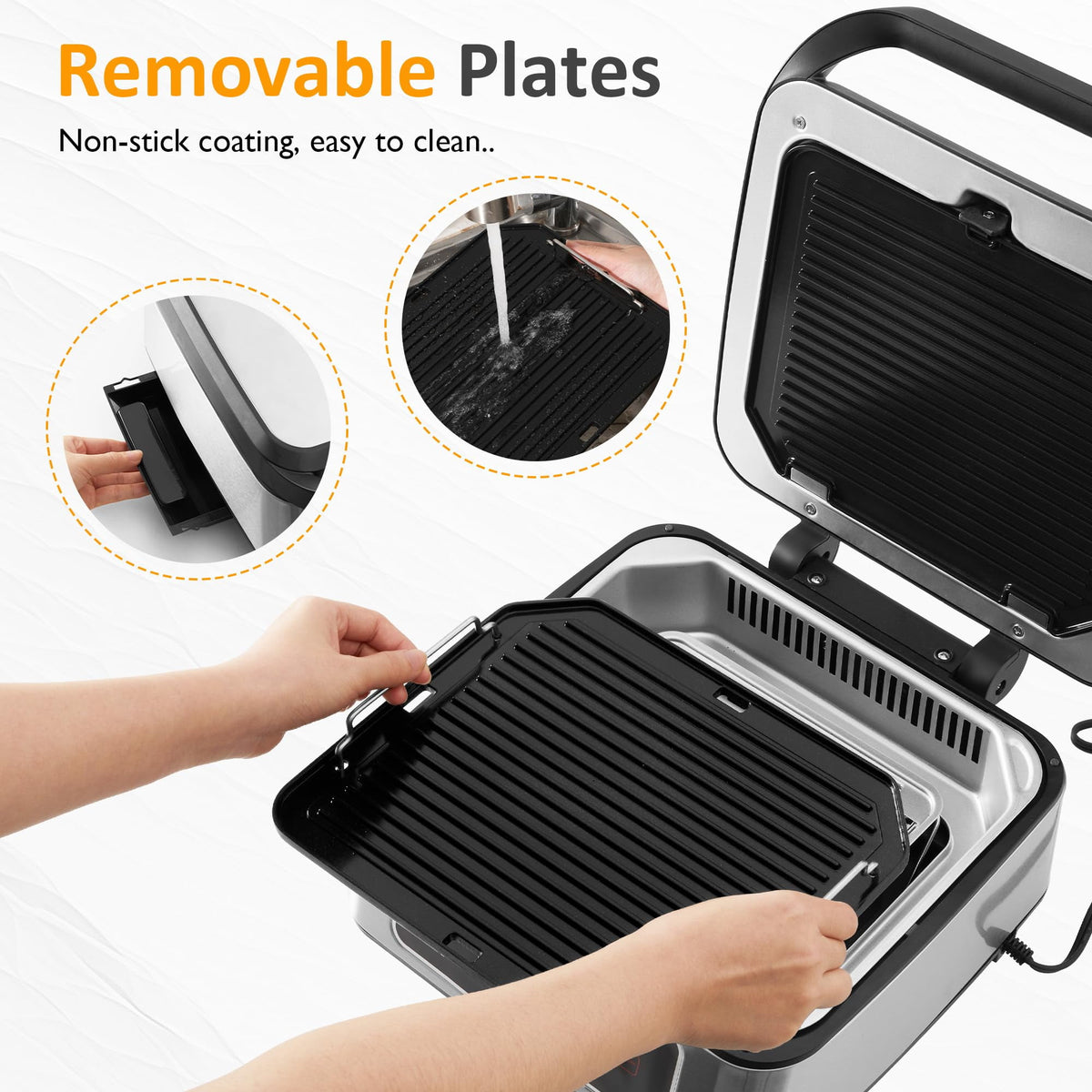 Royalcraft 1300W Smokeless Indoor Grill, Electric Panini Press Sandwich Maker with Auto-Lift, Fan, Independent Upper Heating, Smart Time & Temperature Control, Removable Non-Stick Plates