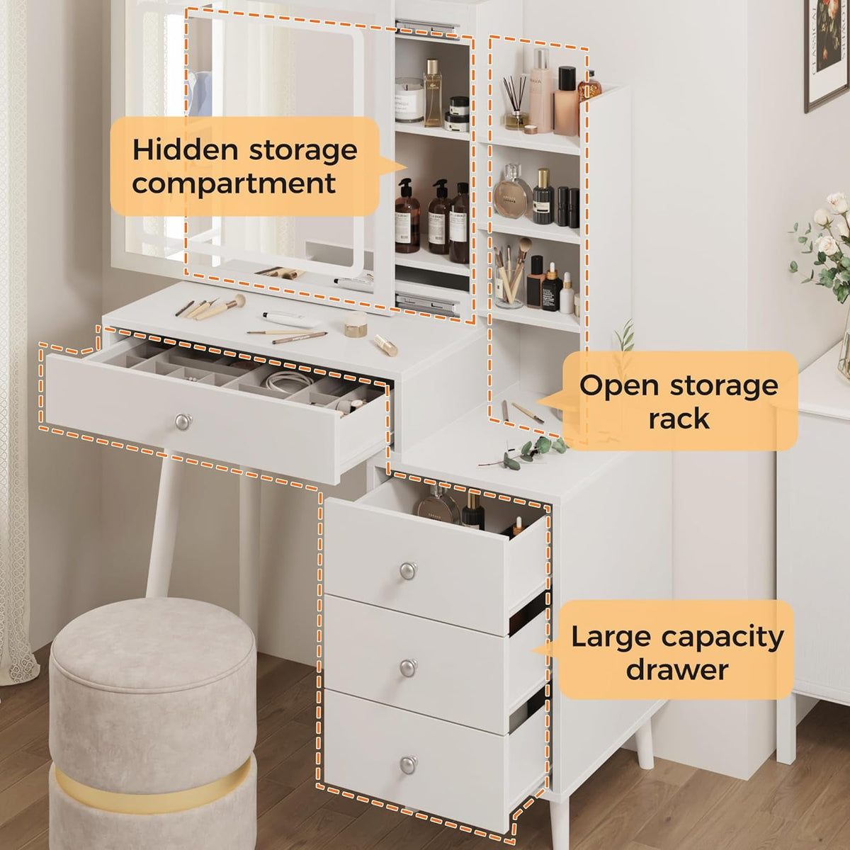 Royalcraft Makeup Vanity Table Set with Sliding Lighted Mirror, White Dressing Table with 3 Color Touch Light, Small Vanity Desk with 4 Drawer & Hidden Shelves for Women Girls