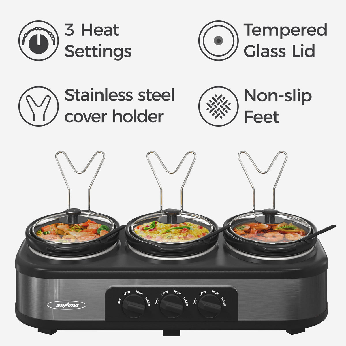 Triple Slow Cooker with 3 Spoons, 3 Pot 1.5 Quart Oval Crock Food Warmer Buffet Server, Stainless Steel