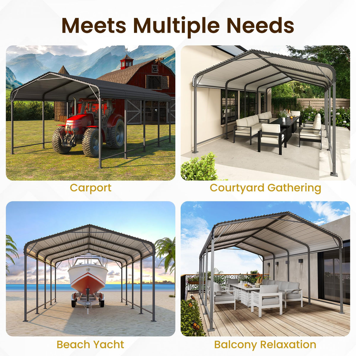 RoyalCraft 12x20 FT Metal Carport, Heavy Duty Canopy with Updated Roof & Enhanced Base, Multi-Use Carport Garage for Car, Truck, Boat, Tractors, Party, Grey