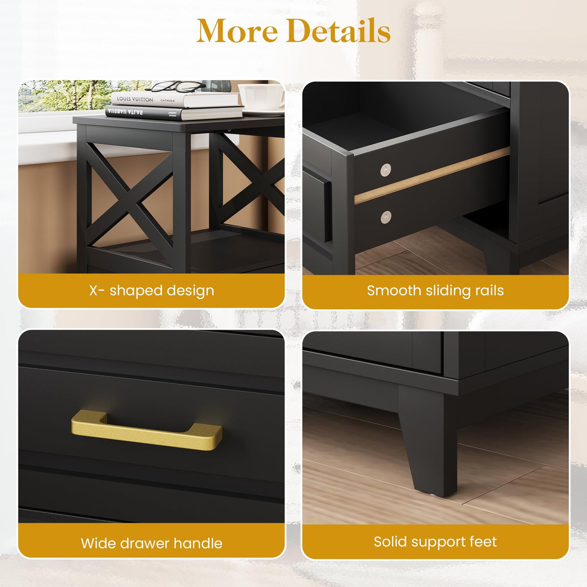 RoyalCraft Tall Nightstand, Side Table with 2 Drawers and Open Shelf on Top, Bedside Table with Solid Feet, Modern Night Stand End Table for Bedroom, Living Room, Home Office, Black